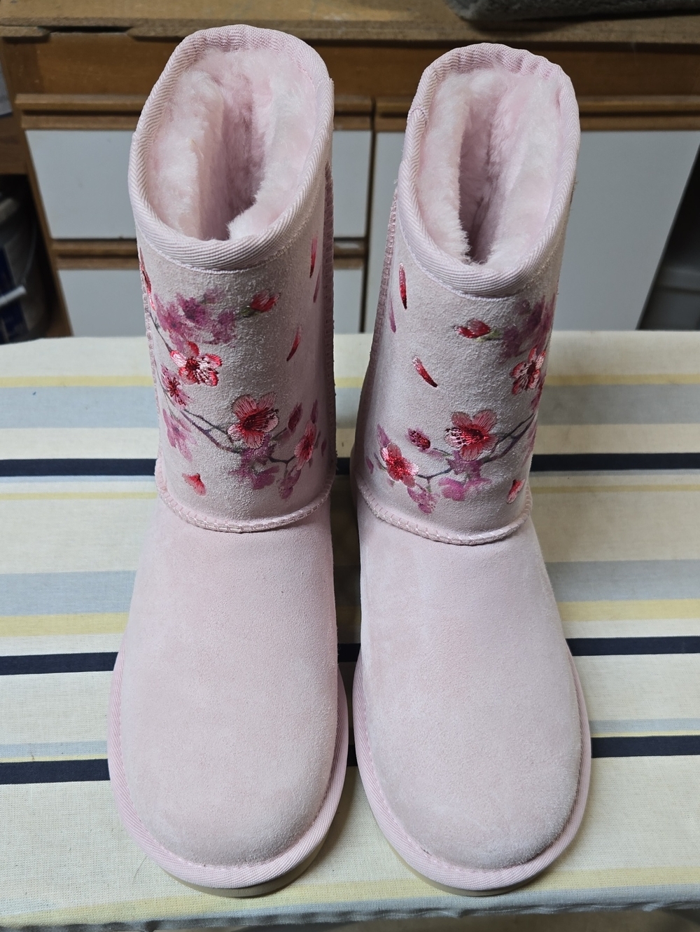 UGG Light Pink Floral Embroidered Shearling Ankle Boots